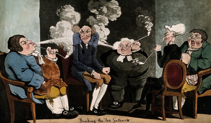 Four men sit round the tax man and blow smoke in his face / C. Wellcome. Source: Wikimedia Commons. 