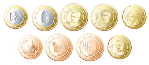Hungarian euro pipe dream. These are proposals for Hungarian euro coins by Kámen Anev graphic artist. They were created shortly after Hungary joined the EU in 2004 and were first published in the Magyar Hírlap. 