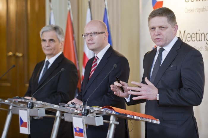 Federal Chancellor of Austria Werner Faymann (far left), Prime Minister  Bohuslav Sobotka of the Czech Republik, and Prime Minister of Slovakia Robert Fico in Slavkov on 29 January 2015.