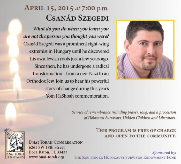 The invitation to the Csanád Szegedi talk in Boca Raton, Florida. 