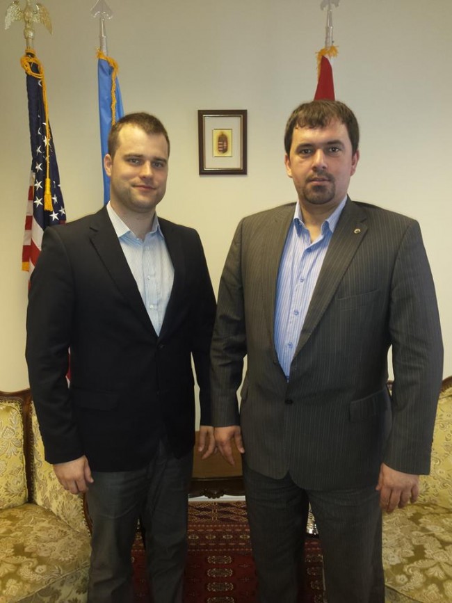 Mr. Staudt and Mr. Szávay "take a stand" in Consul General Ferenc Kumin's offices. Photo: Facebook. 