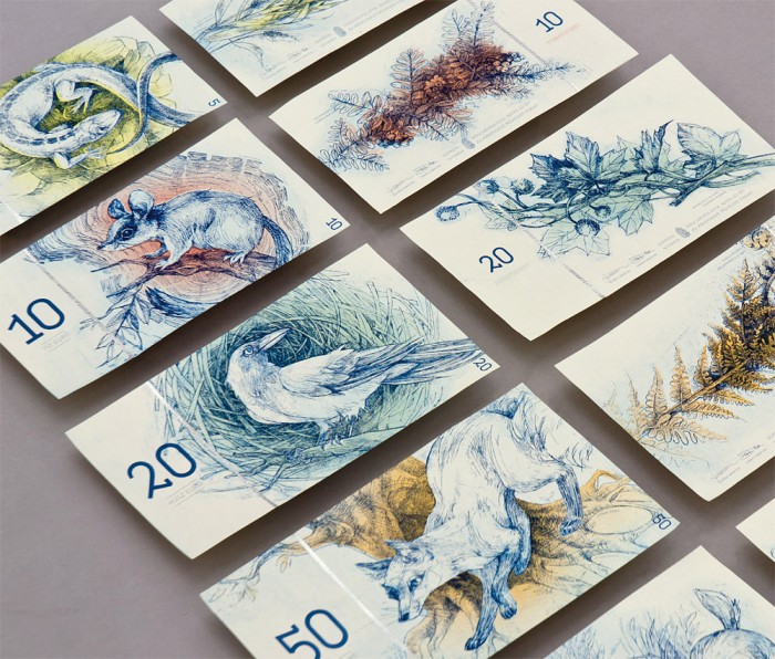 Fictional Hungarian euro bank notes designed by graphic artist Barbara Bernát. Only one side of the euro coins, of course, allow for national designs,  but Ms. Bernát explored what Hungarian national euro bills might look like. 