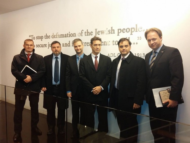 Mr. Kumin’s “misinformation team” in action at ADL.  From right: Mr. Kumin, Mr. Csaba Latorcai junior minister of the Orbán-government, Mr. Andrew Srulewitch ADL director, Mr. Dávid Singer cultural attaché at the Washington embassy, Mr. György Szabó, a Fidesz operative, currently head of MAZSÖK, Mr. Gábor Galik section head in PM Orbán’s office.