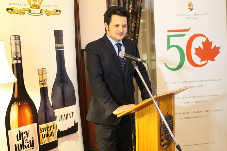Ambassador Bálint Ódor promoting Vinum Tokaj Canada Inc.'s wines at the Embassy of Hungary in Ottawa. 