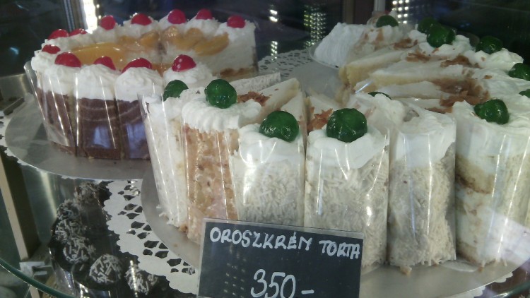 A selection of cakes during my visit to Jégbüfé in March 2015. A slice for 350 forints (circa $1.60) is a reasonable price, and still considered affordable for most Hungarians. 