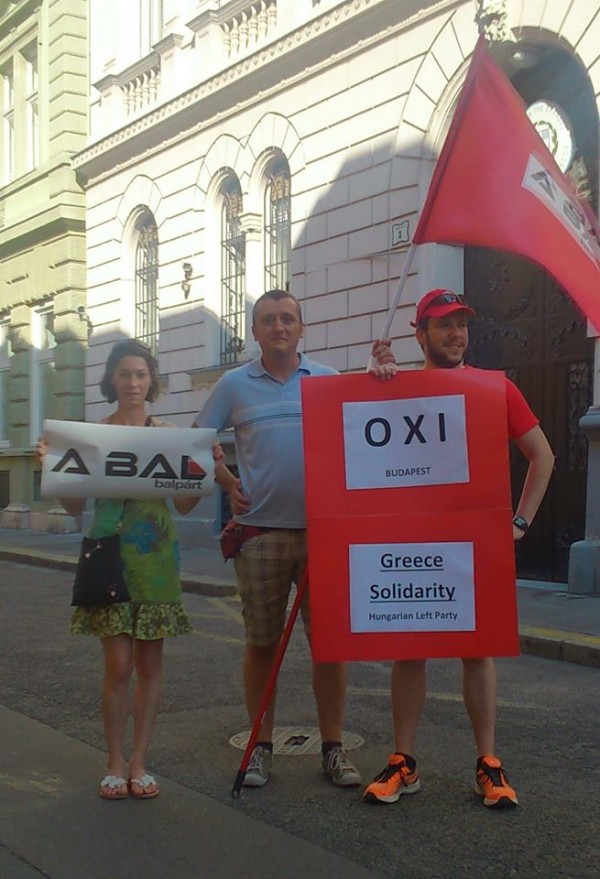 Balpárt's protest in Budapest, in support of Syriza. Left to right: Anna Hortobágyi, Szilárd Kalmár and Ádám Galba-Deák. Photo: Balpárt. 