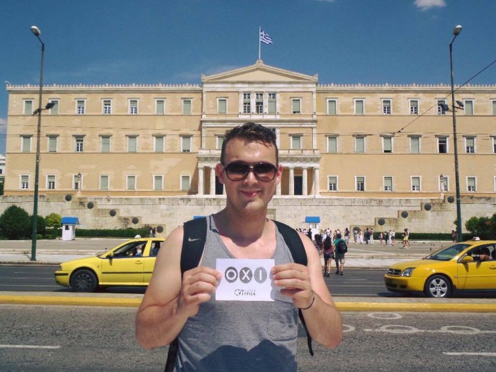 A member of Balpárt's leadership team, Tibor Berta, protests in Athens, alongside the OXI camp. Photo: Balpárt. 