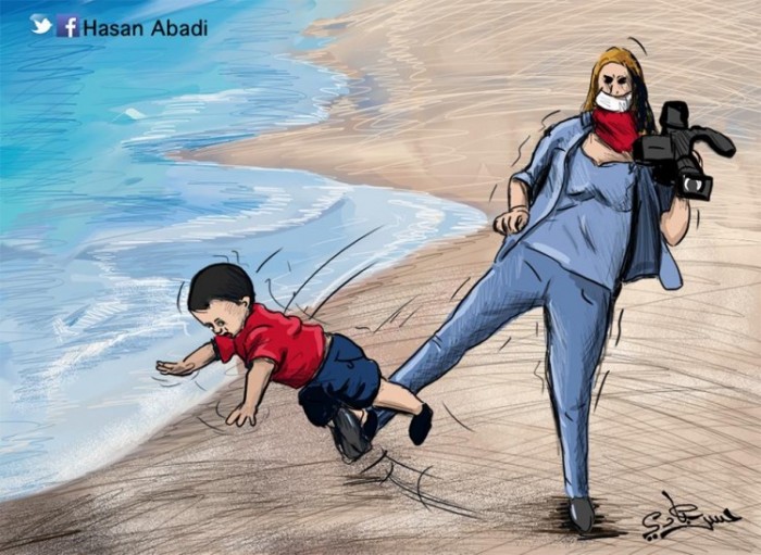 Palestinian artist Hasan Abadi depicts Hungarian reporter Petra László physically assaulting Syrian children in Hungary. 