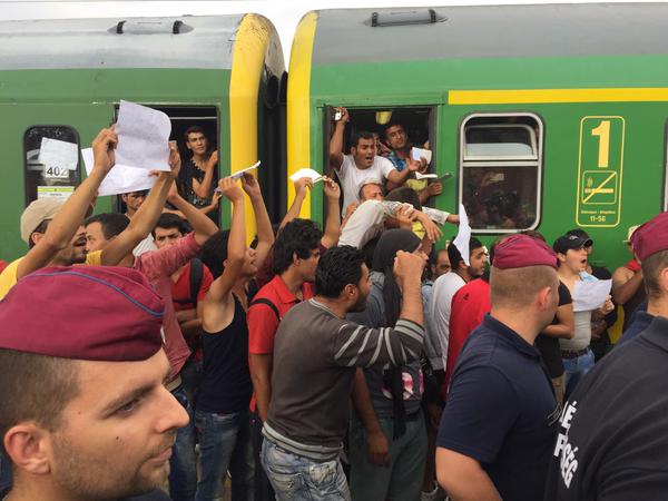 Syrian refugees being removed from the train in Bicske, 40 km west of Budapest. Photo: James Mates. 