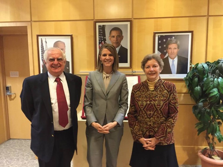 Ambassador Bell (in the middle) with Ms. Edith Lauer and Mr. Zsolt Szekeres of the Hungarian American Coalition.