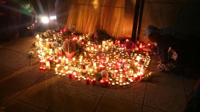 A photo posted on Socialist MP Márta Demeter's Facebook page from the vigil held in front of the French Institute in Budapest. 