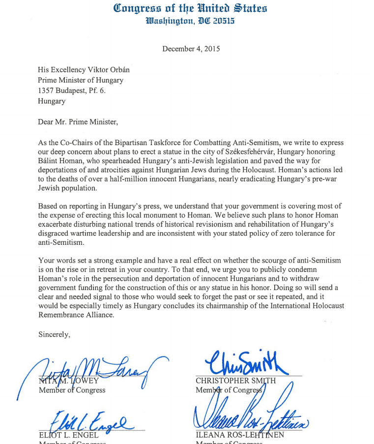 A letter from the US Congress protesting the Hóman statue. 