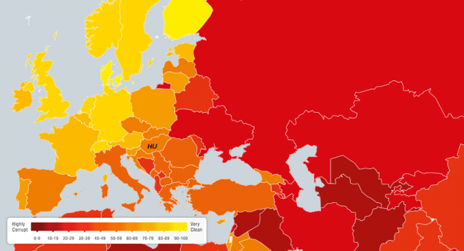 Mapping corruption: the deeper the red, the greater the scope of corruption. Hungary is marked with "HU" and is orange in colour. Source: Transparency International.