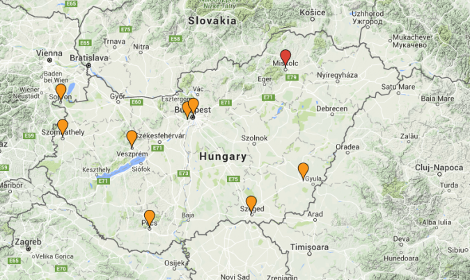 The locations of planned demonstrations on February 3rd, 2016 by Hungarian teachers and school administrators. 
