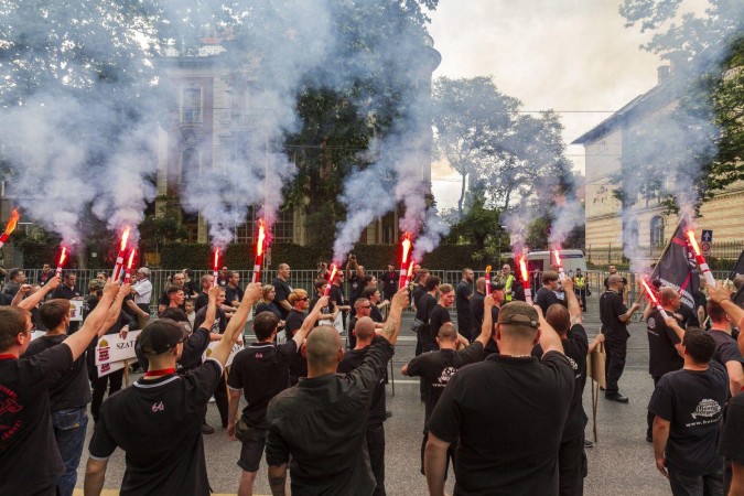 Hungarian neo-Nazis stage a demonstration in Budapest in front of the Embassy of Romania on National Cohesion Day, June 4, 2016.