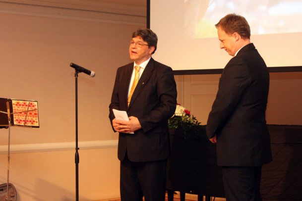 Imre Szakács, Consul of National Cohesion talks while Consul General Ferenc Kumin listens on National Cohesion Day 2015 in New York City
