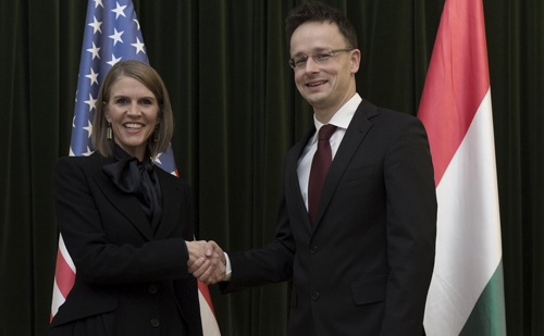 Mr. Péter Szijjártó, Hungary's Foreign Minister and US Ambassador Ms. Colleen Bell.  Mr. Szijjártó would send NATO soldiers home.   