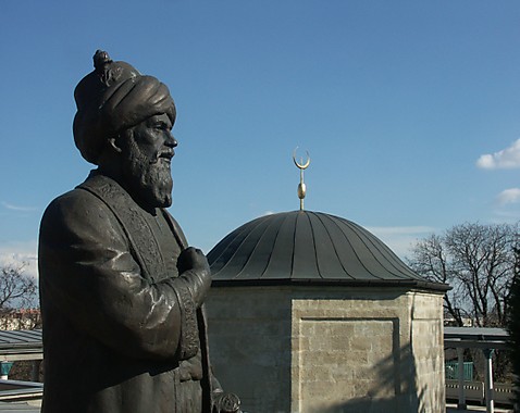 The statue and tomb of  Ottoman poet Gül Baba in Budapest. The tomb was constructed between 1543 and 1548. 