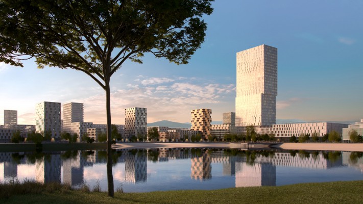 The Buda Part project, now approved, with the 120-meter skyscraper and other planned buildings. 