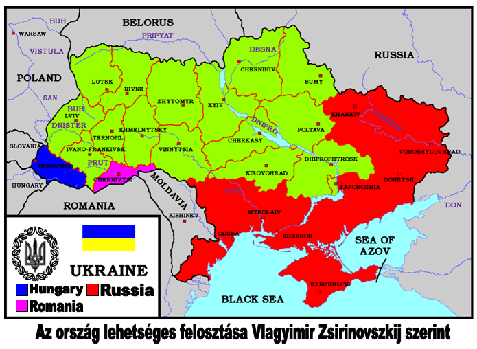 Photo: Map of Russian, Romanian and Hungarian territorial demands on Ukraine. (Distributed by Hungarian far-right activists.)