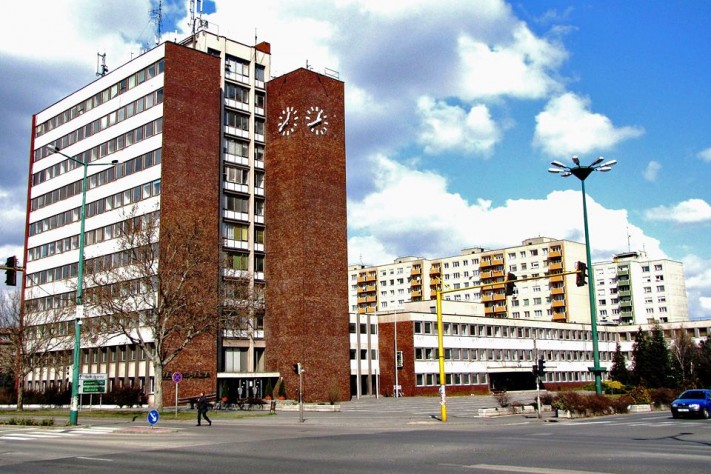Dunaújváros city centre, with City Hall on the left.