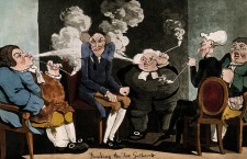 Four men sit round the tax man and blow smoke in his face / C. Wellcome. Source: Wikimedia Commons.