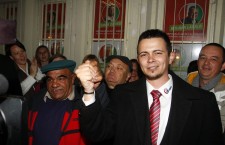 Dávid Janiczak celebrates victory with his supporters. Photo: MTI.