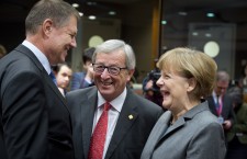 German Chancellor Merkel shares a light moment with Klaus Iohannis (left) President of Romania and Jean-Claude Juncker (middle) President of the European Commission