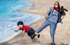 Palestinian artist Hasan Abadi depicts Hungarian reporter Petra László physically assaulting Syrian children in Hungary.