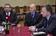 Mr. Pereházy (left) coordinates strategy with Hungarian diplomats Mr. László Kálmán (Los Angeles) and Mr. Ferenc Kumin (New York).