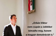 Gábor Vona, a hungarian flag and the words: Viktor Orbán has not only attacked Jobbik, but also Hungarian democracy.
