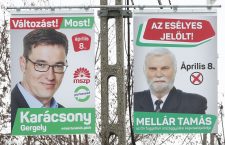 Election signs for Mr. Karácsony and the MSZP-Párbeszéd supported candidate in Pécs.