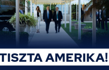 An image from Viktor Orbán's Facebook page, showing the Hungarian leader with Melania and Donald Trump.  The slogan "Tiszta Amerika!" can be translated as "Pure America!'