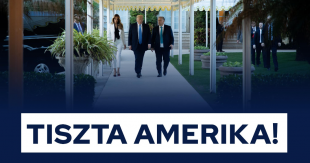An image from Viktor Orbán's Facebook page, showing the Hungarian leader with Melania and Donald Trump.  The slogan "Tiszta Amerika!" can be translated as "Pure America!'